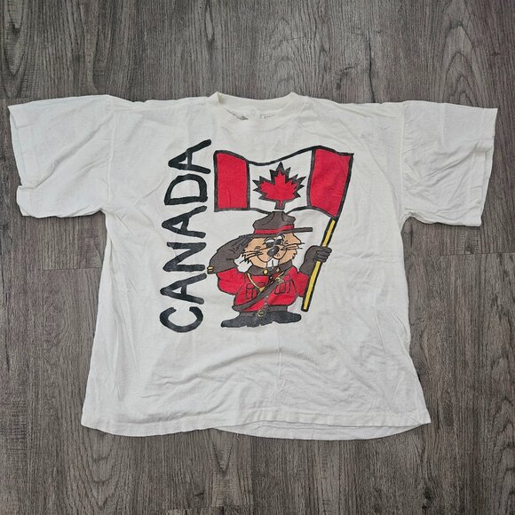 Vintage Allegro Canada Mountie Beaver Graphic T-Shirt White Cotton – Men’s L - Picture 1 of 8